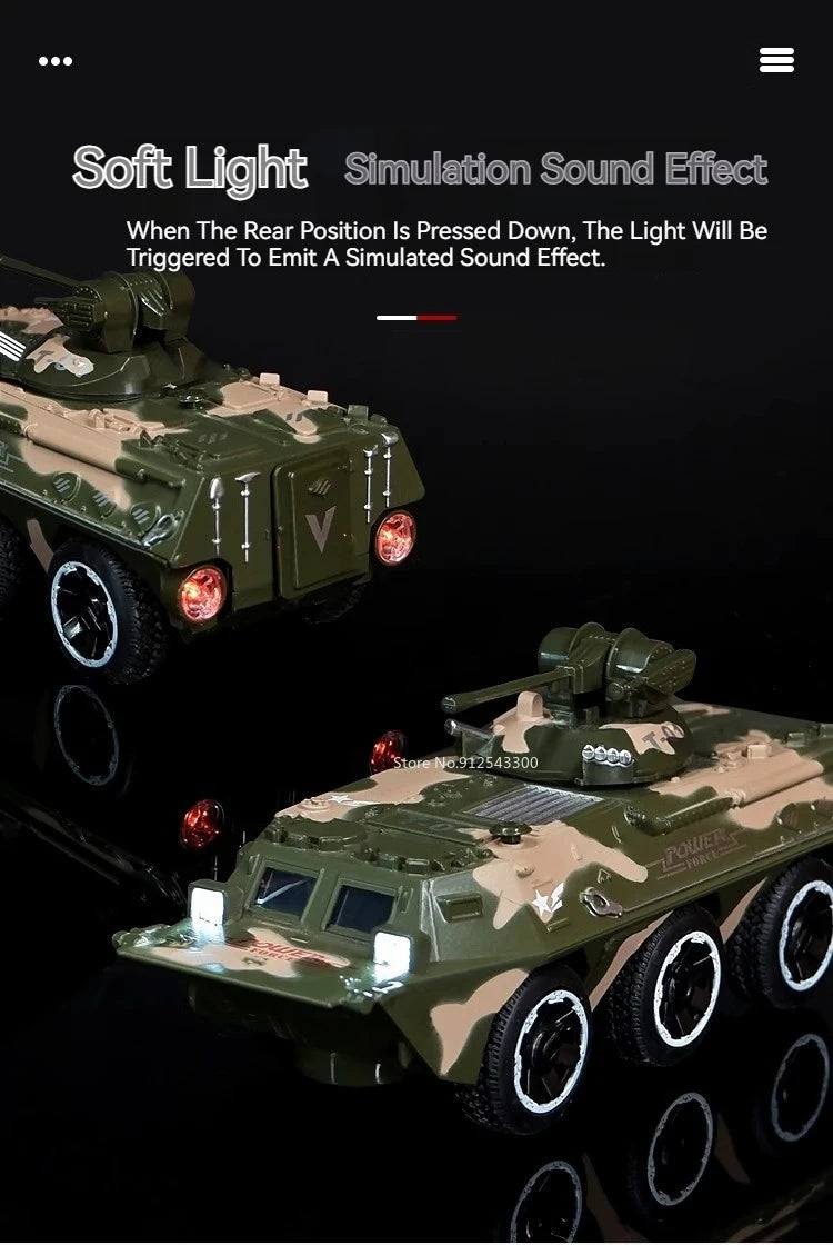 1:32 Scale Armored Personnel Carrier Model Car Toy Alloy Military Chariot Toy Models Music Light Pull Back Ornament Gift for