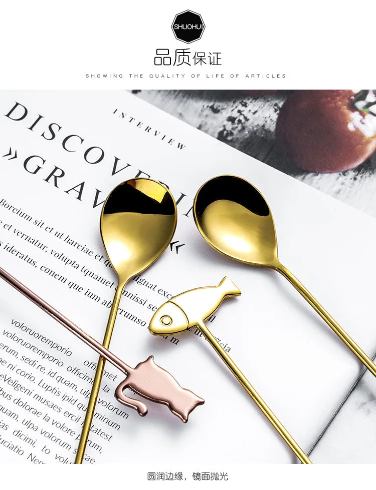 Coffee Spoon Lovely Cute Cat Shape Teaspoon Dessert Snack Scoop Ice Cream Mini Spoons Kitchen ToolsTableware 304 Metal