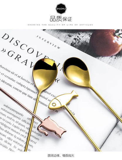 Coffee Spoon Lovely Cute Cat Shape Teaspoon Dessert Snack Scoop Ice Cream Mini Spoons Kitchen ToolsTableware 304 Metal