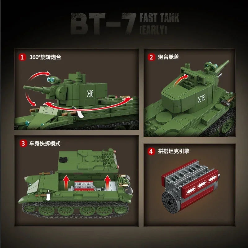 Soviet series BT-7 fast tank early version Military Series WW2 Tank Building Blocks  Bricks Model Set Toys For s Gifts