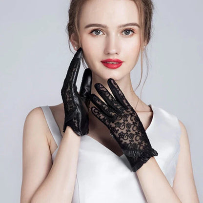 Summer Women Genuine Black Leather Gloves Ladies Elegant Gloves Women's Black Driving Gloves Anti-UV Touch Screen Lace Mittens