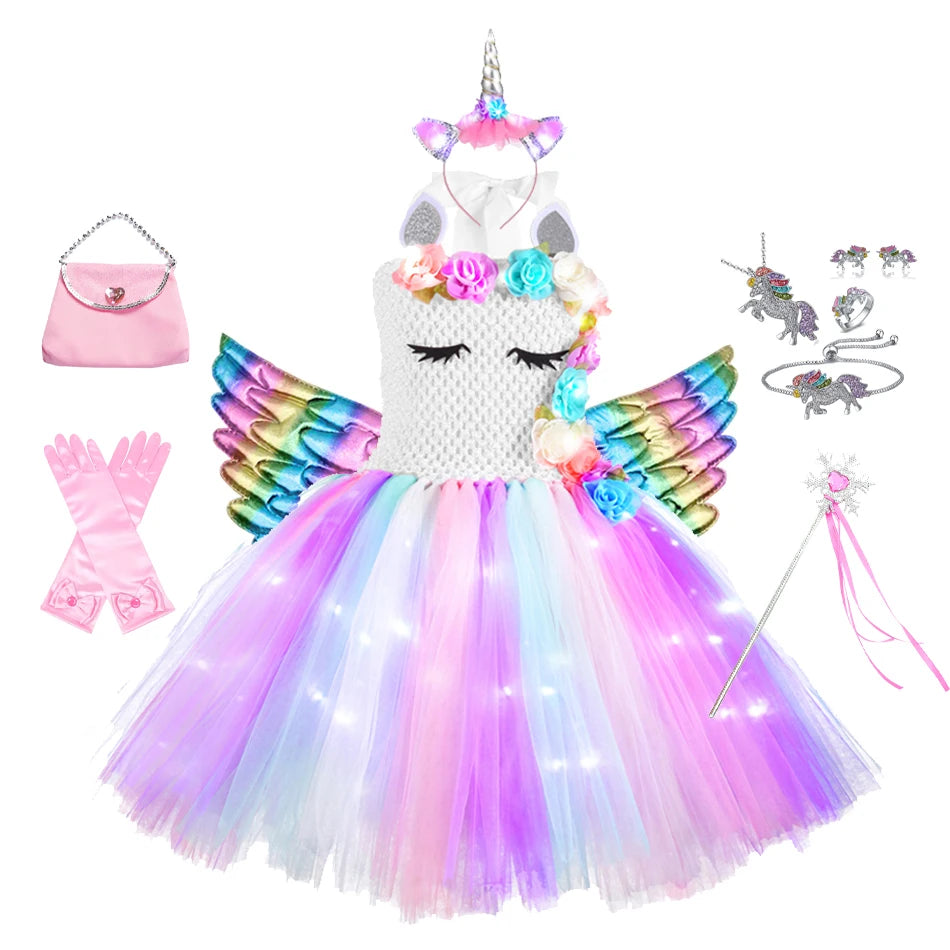 Girl Unicorn Dresses for Girls Tutu Princess Party Dresses with LED Lights Flower Birthday Party Cosplay Costume Girls Clothing