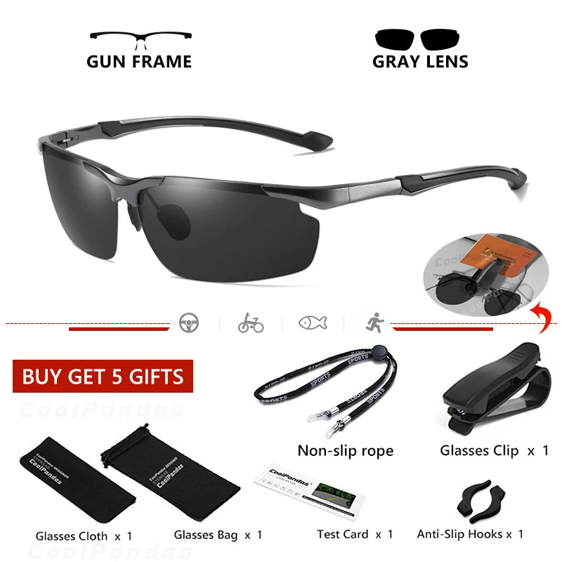 Aluminum Rimless Photochromic Polarized UV400 Day Night Driving Sunglasses for Men Women