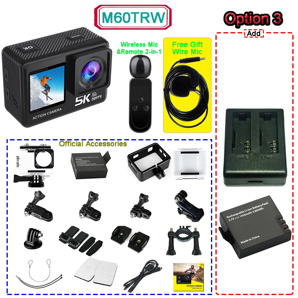 5K Ultra HD Action Camera with Dual Touch Screen WiFi EIS and 30M Waterproof Case