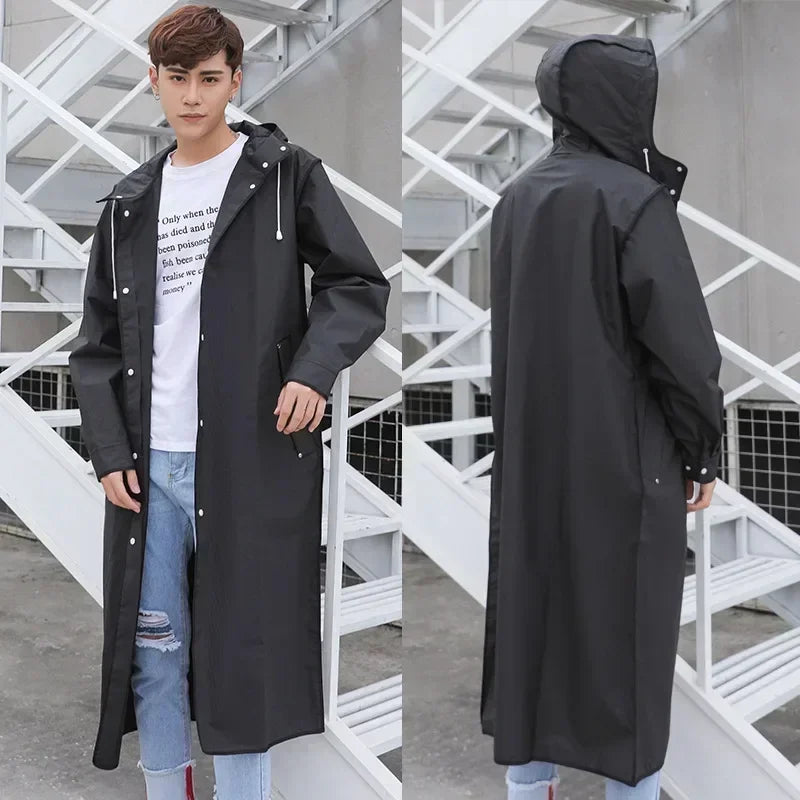 Long Waterproof Raincoat Poncho for Adults in Black