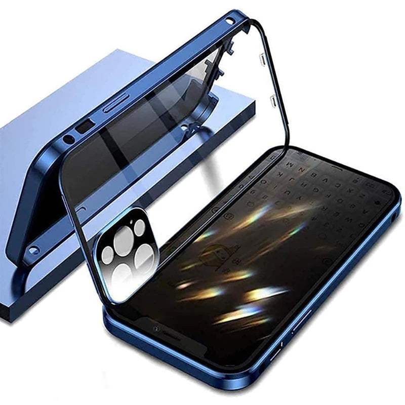 360°Full Protected Metal  Anti Peeping Buckle Lock Phone Case For iPhone 15 14 Pro Max Double-Sided Glass Cover