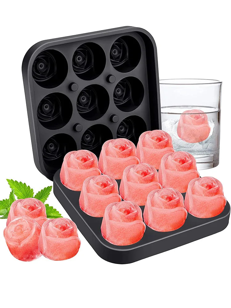 3D Rose Ice Molds 1.3 Inch, Small Ice Cube Trays, Make 9 Giant Cute Flower Shape Ice, Silicone Rubber Fun Big Ice Ball Maker