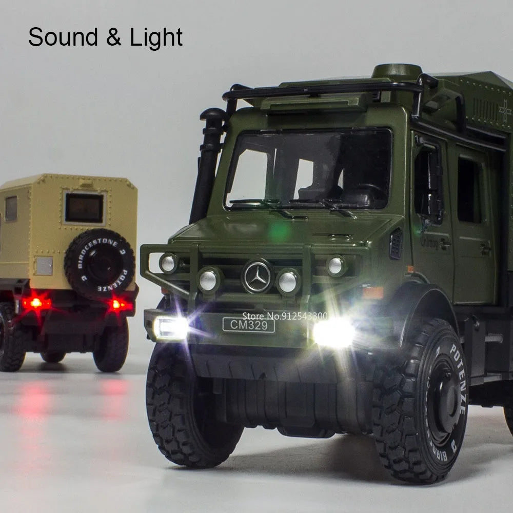 1:28 Scale X-Class 6x6 UNIMOG Motorhome Camping Car Model Toy Shock Absorption Sound Light Pull Back Off-road Vehicles Boys Gift