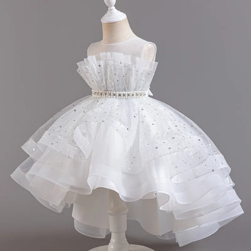 Elegant Girls' Performance Gown - Sleeveless Tulle Dress with Train for Piano Recital & Walk Show