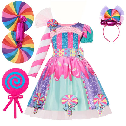 Girls Purim Festival Lollipop Costume Children Puff Sleeve Candy Costume Kids Sweet Lollipop Print Birthday Party Dresses