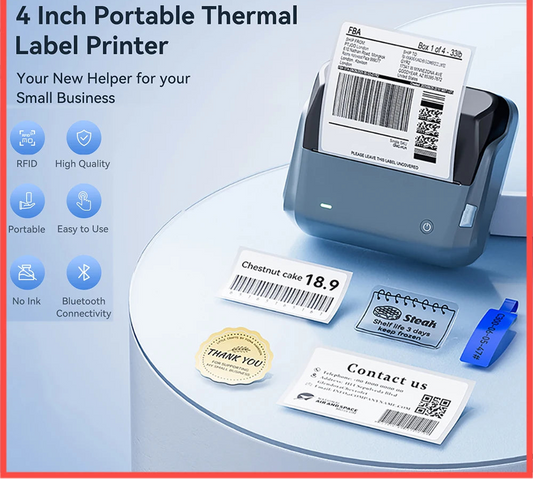 B4 Thermal Label Printer, Wireless Bluetooth Label Maker 20–110mm, Portable Barcode & Shipping Label Printer for Business & Office
