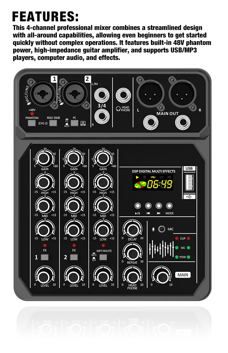 4-Channel Mixing Console Bluetooth Audio Mixer 48V Professional USB Computer Karaoke
