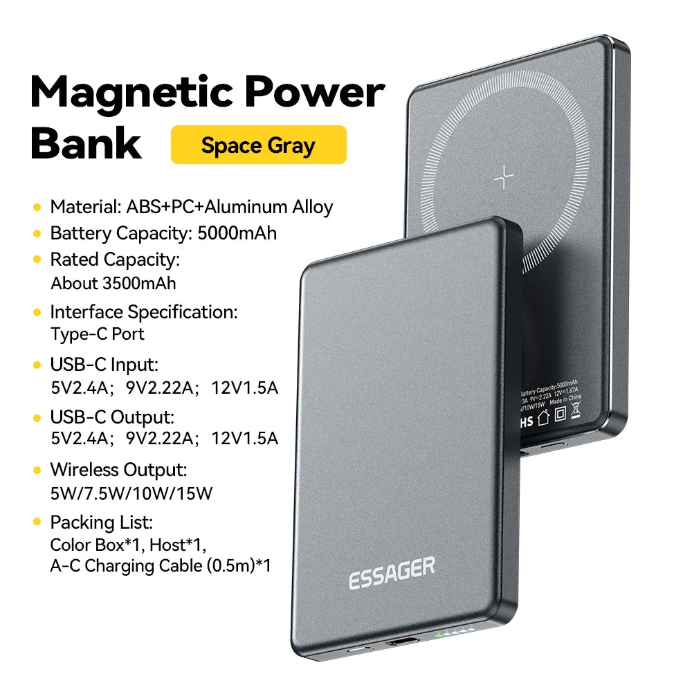 5000mAh Magnetic Power Bank 20W PD Wireless Fast Charging Slim Portable Charger for iPhone MagSafe
