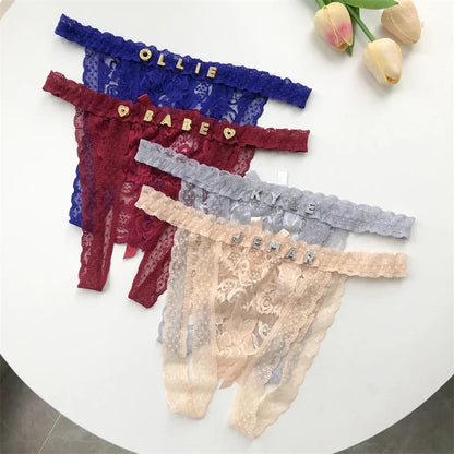 Customized Crystal Name Letters Women's Breathable Lace Underwear Low Waisted Opening Thong Bikini Erotic G-String Panties