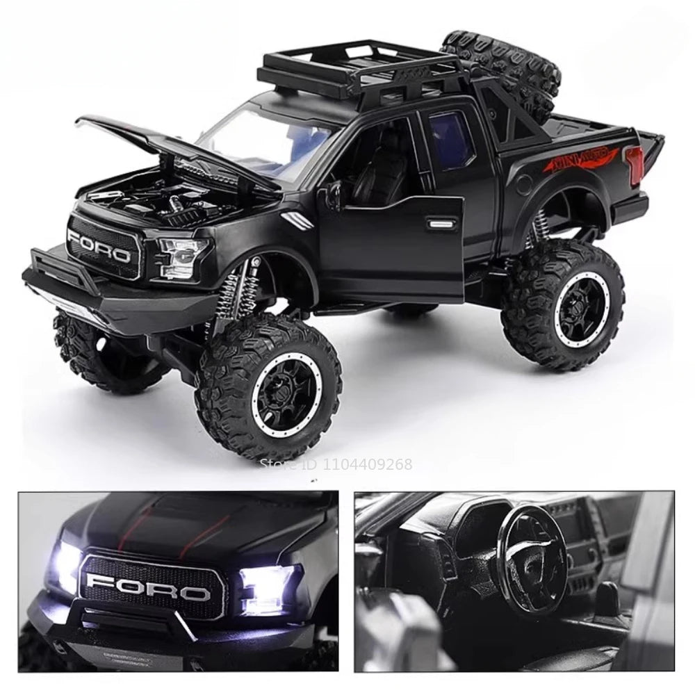1:32 Scale Raptor F-150 BigFoot Pickup Car Model Toy Pull Back Sound&Light Off Road Truck Models Collection Gifts