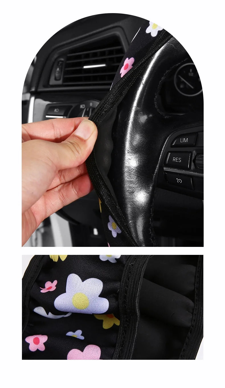 Floral Flannelette Car Steering Wheel Cover Anti Slip 38CM