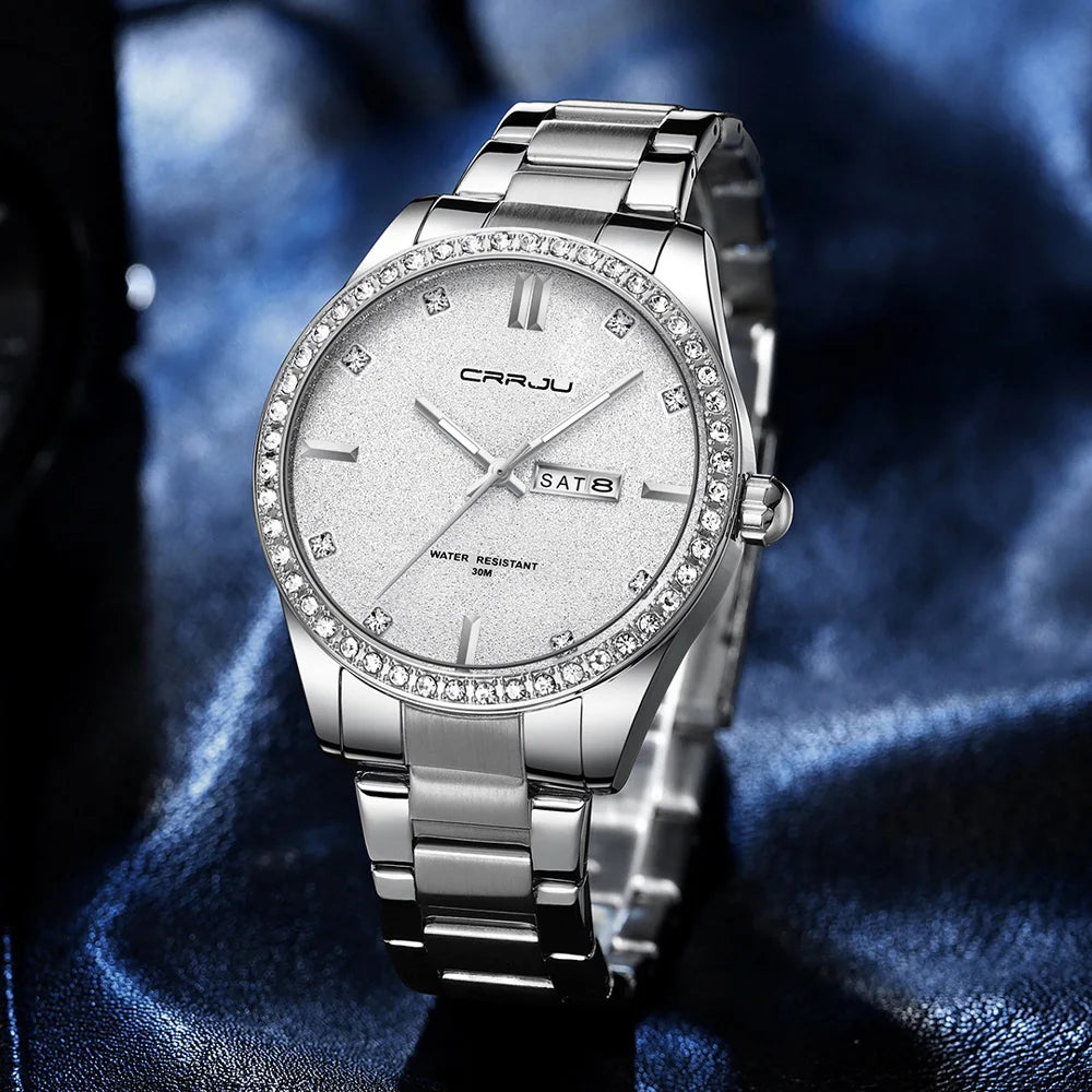 New Luxury Rhinestones Dial Watches with Stainless Steel Band Wristwatch with Auto Date and Luminous Relogio Masculino