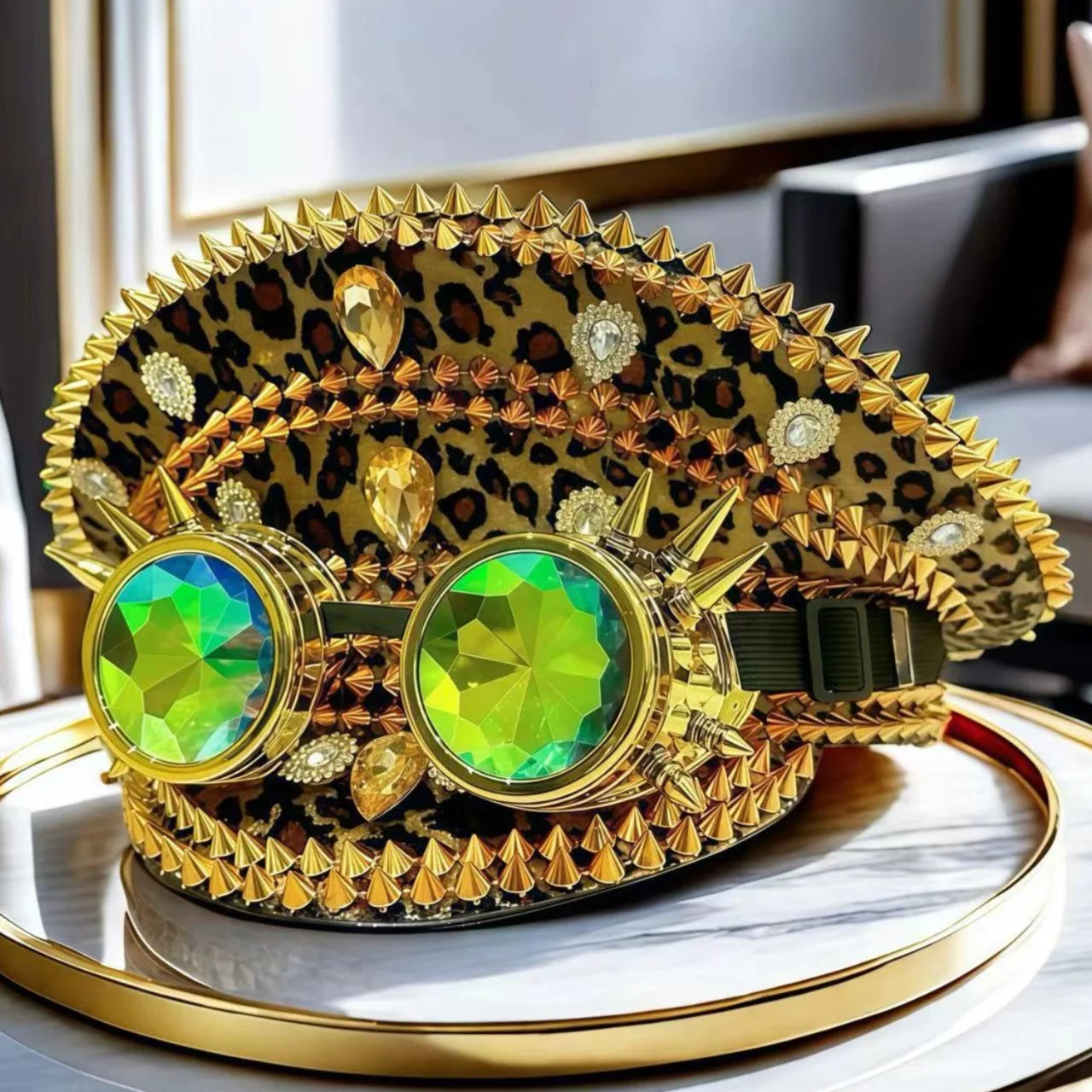 Leopard Print Steampunk Captain Hat Punk Goggles Gold Music Festival Masquerade Military Cap Costume Cosplay Accessor Unisex