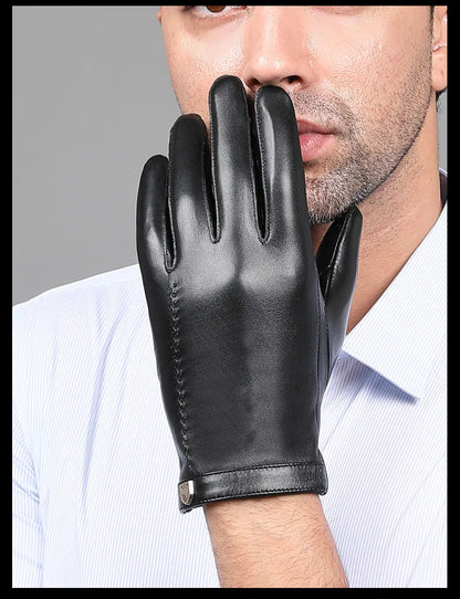 Man Genuine Leather Button Black Thick/Thin Gloves Male Commercial Business meeting MC Host Driving