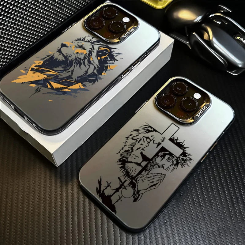 Cross Pattern Bicolor Lion Phone Case For iPhone 14 15 16 Pro Max Shockproof Anti Fall Back Cover
