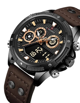 Digital Watch Waterproof Chronograph Sports Leather Strap Wristwatch Dual Display Digital Luminous Clock