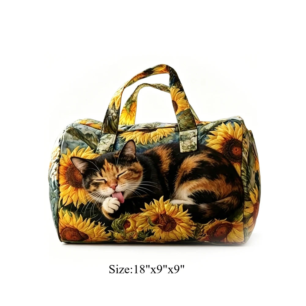 Quilted Duffel Bag Weekender Bag Cute Cat Tropical Floral Print Carry On Luggage Lightweight Bags for Beach Vacation Party Sport