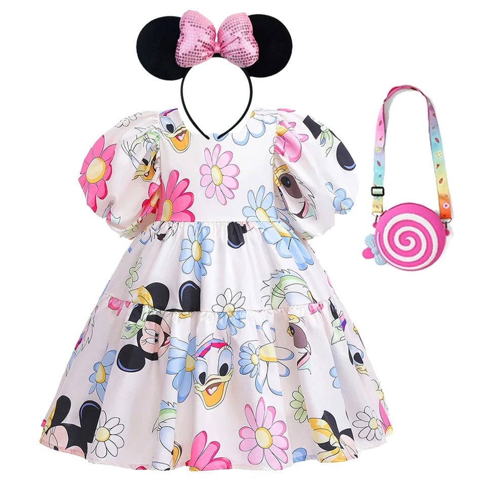 Mickey Mouse Daisy Cartoon Puff Sleeve Clothes Summer Baby Girl Casual Dress Girls Backless Cute Princess Dresses