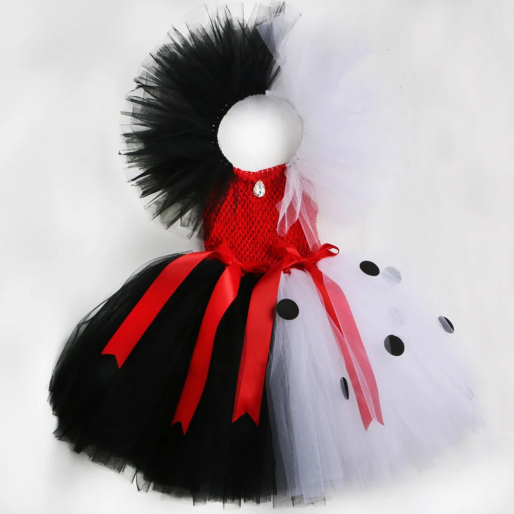 Girls Halloween Cruella Cosplay Costumes Girls Party Tutu Dress Black And White Tulle Frocks Kids Evil Role Playing Outfits