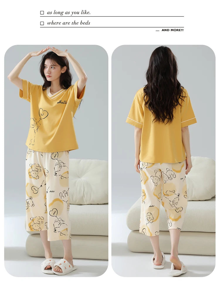 2-Pcs Women’s Summer Cotton Pajama Set – Breathable Short Sleeve Sleepwear with Cute Prints
