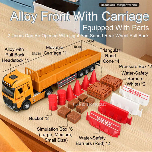1:32 Roadblock Transport Truck Flatbed Trailer Model Toys Diecast Alloy Car Doors Opened Sound Light Pull Back Vehice Boy's Puzz