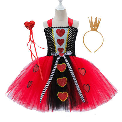 Girls Wonderland Fairy Tale Fancy Dress Sparkly Kids Evil Red Queen Children Dress Halloween Cosplay Costumes Villain Clothes