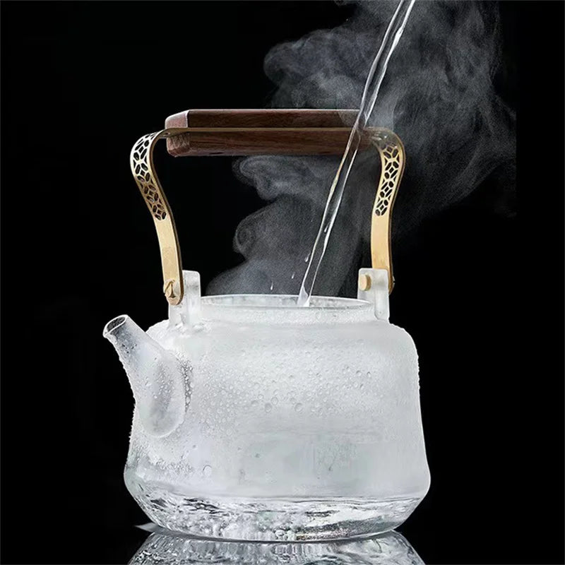 Japanese Heat Resistant Glass Tea Pot with Infuser Copper Wood Handle 1150ml High Borosilicate Tea Kettle