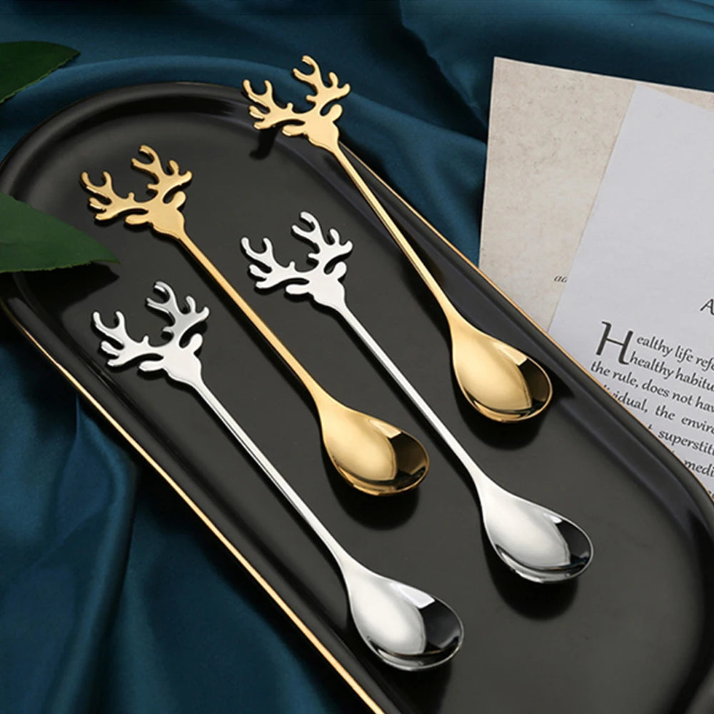 Nordic Dessert Spoon Elk Stainless Steel Coffee Spoons Stirring Tablespoon Little Deer Shape Christmas Tableware New Year Gift