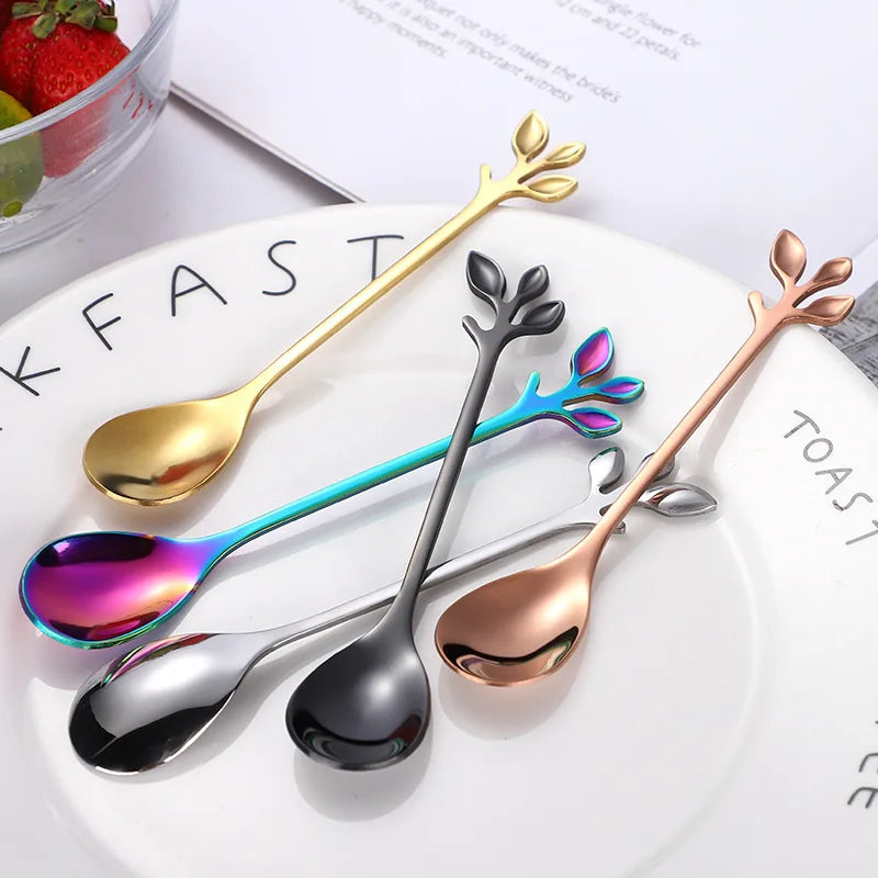 Gold Long Handle Spoon Stainless Steel Leaf Teaspoon Nordic Mini Stirring Spoons Small Fork for Dessert Coffee Honey Home Decor