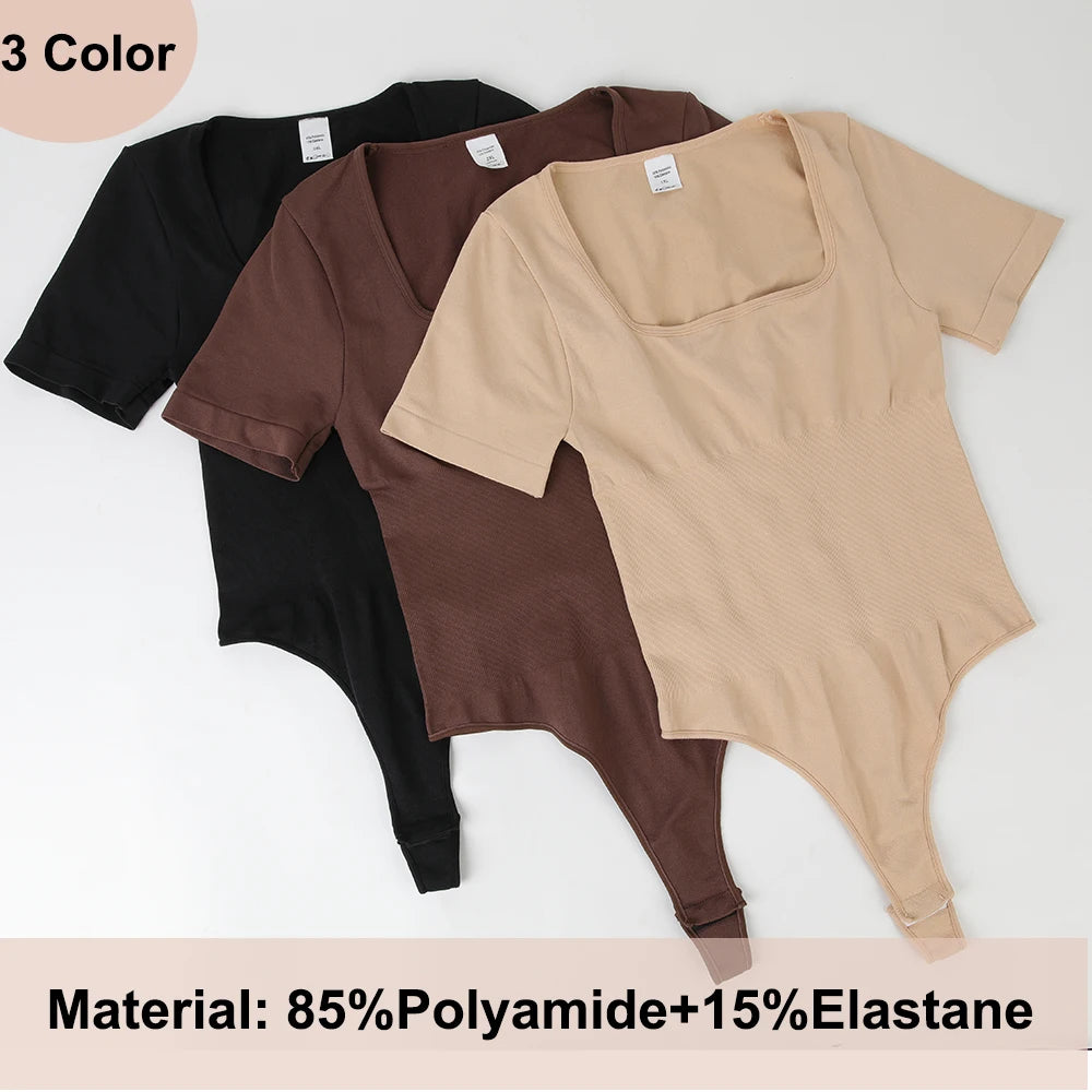 Square Neck Short Sleeve Bodysuit for Women – Full Body Control Shapewear