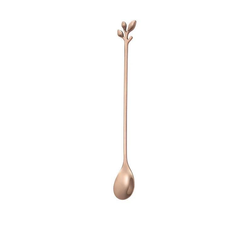 Gold Long Handle Spoon Stainless Steel Leaf Teaspoon Nordic Mini Stirring Spoons Small Fork for Dessert Coffee Honey Home Decor