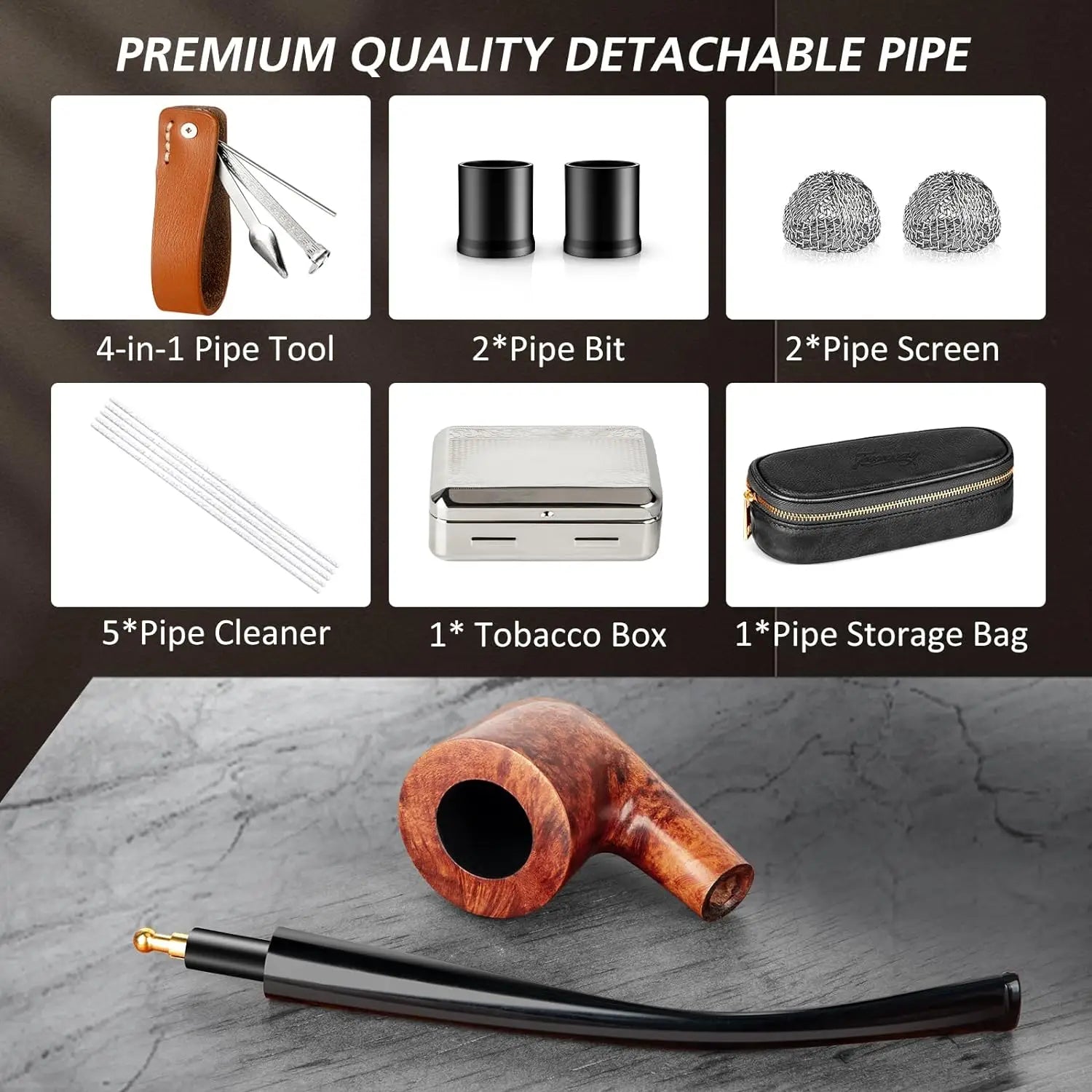 PU Leather Smoking Pipe Set, 4 in 1 Pipe Stand, Screens,Pipe Cleaners,Pipe Bit and Small Box,Wood Pipe Accessories