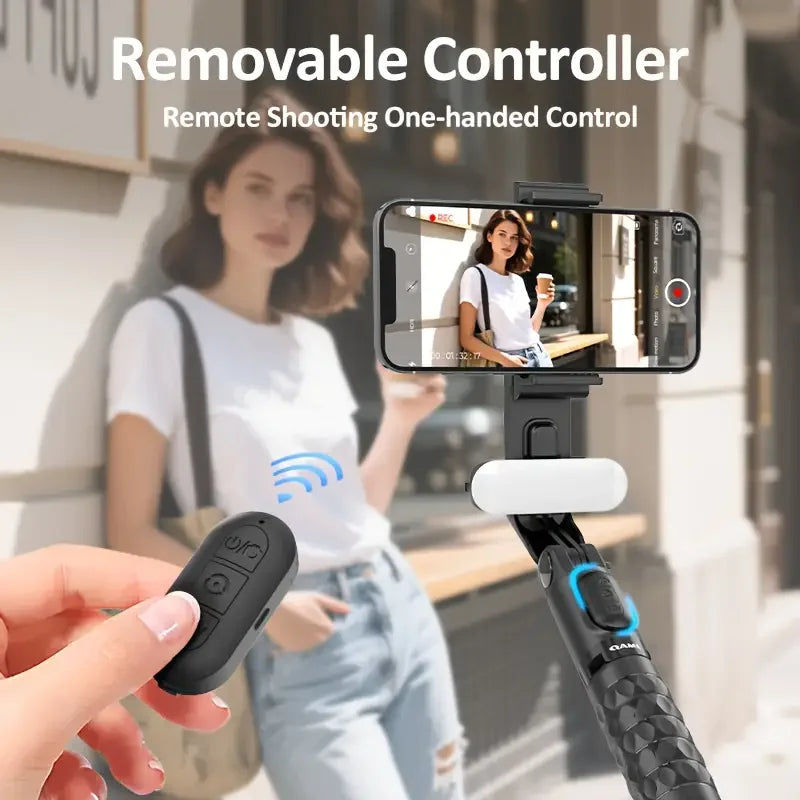 A6 2025 1-axis handheld gimbal stabilizer w/ selfie stick/tripod, wireless remote, 400mAh Li-ion battery, USB charging, iOS