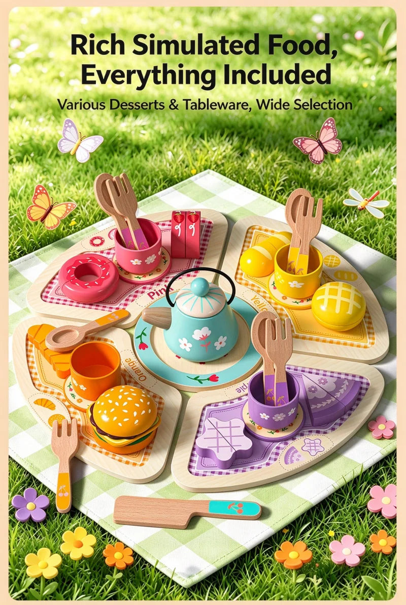 Wooden Tea Set Pretend Play Toy with Teapot and Teacups