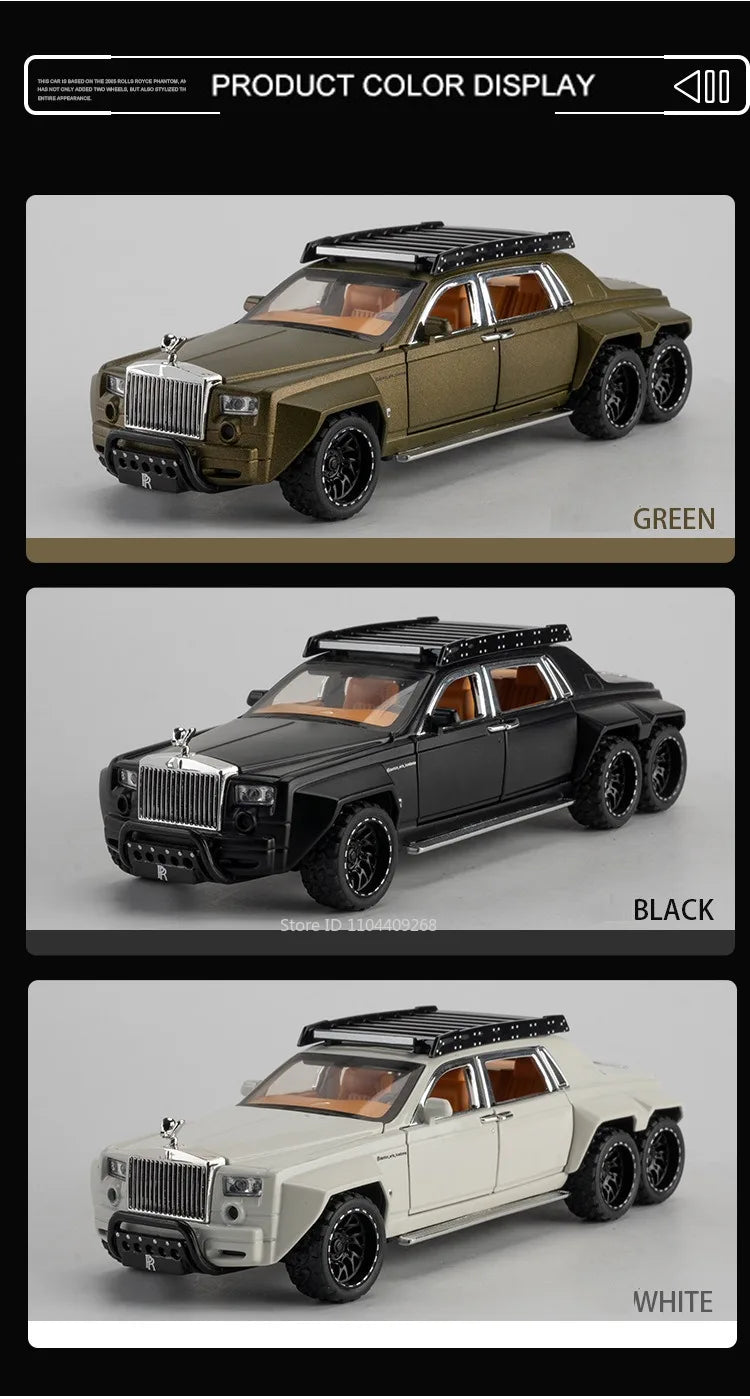 1:32 Scale Rolls-Royce Phantom 6x6 Wraith Car Model Toy Diecast Metal Alloy Off-Road Vehicle Models Sound Light Gifts
