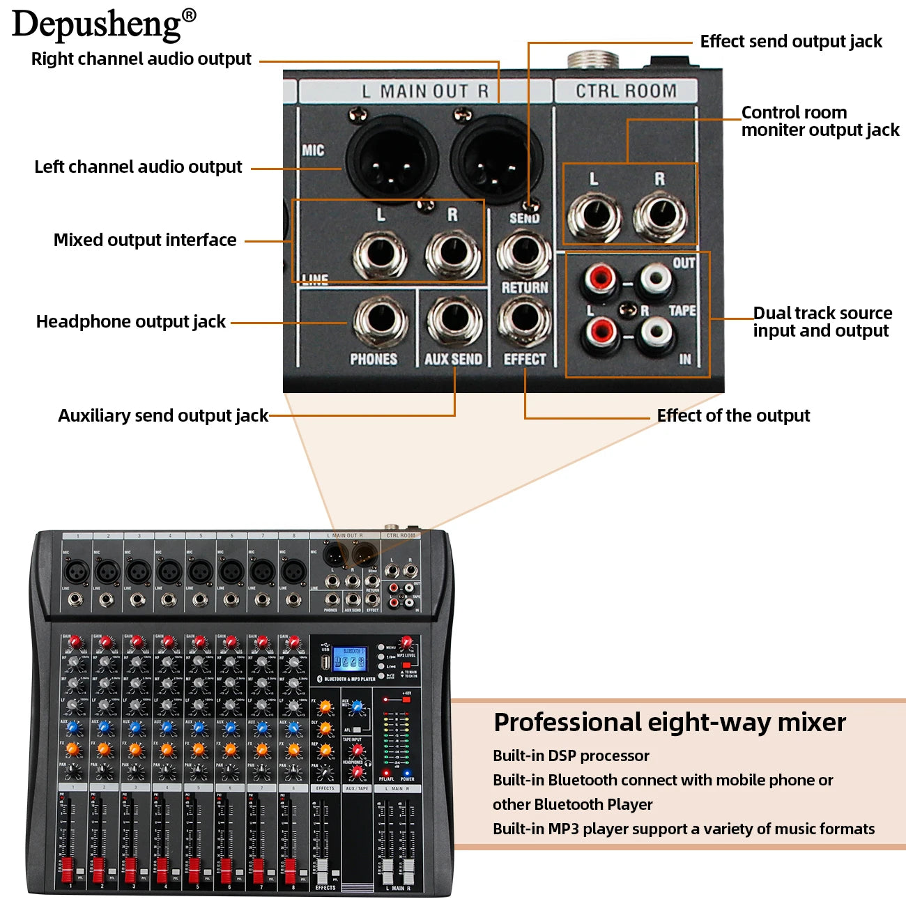 8 Channel Audio Mixer With Bluetooth USB PC Recording And 48V Phantom Power