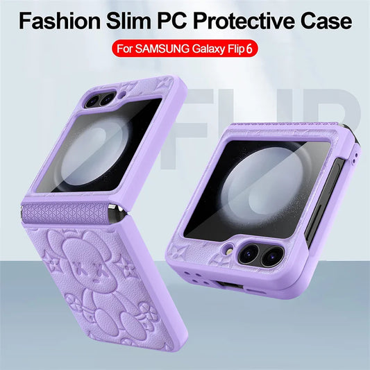 Cute Bear Folding Screen Phone Case For Samsung Z Flip 3 4 5 Folding Hinge Center Axis Case Film Integrated Phone Case