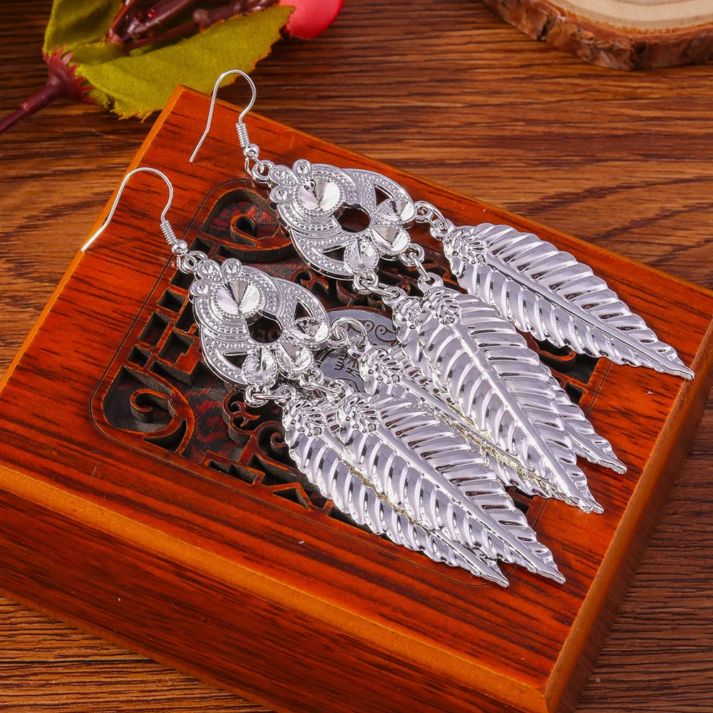 Retro Bright Silver Color Leaf Butterfly Peacock Earrings Tassel Dangle Earrings Jewelry