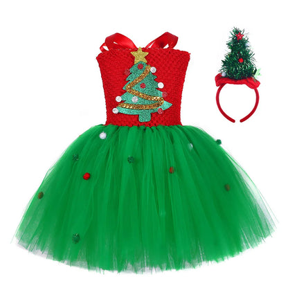 Sparkly Christmas Elf Tutu Dress for Girls Santa Claus Costumes for Kids Birthday Halloween Outfit Children Xmas Holiday Clothes