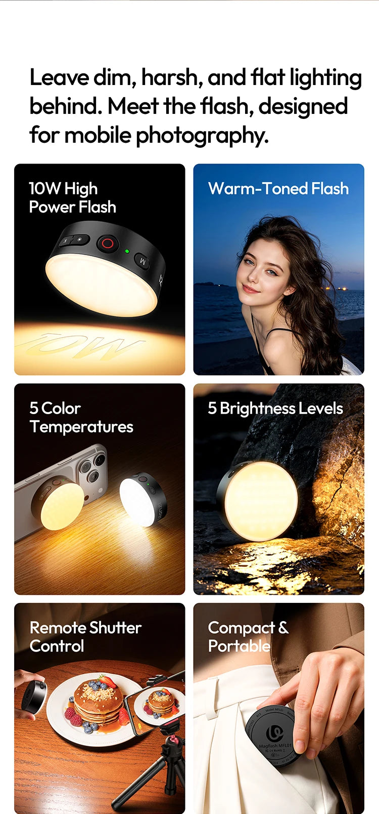 MFL01 Mini Magnetic Portable Phone Flash – 2500-8500K Bi-Color Dimmable Fill Light for iPhone & Android Vlog