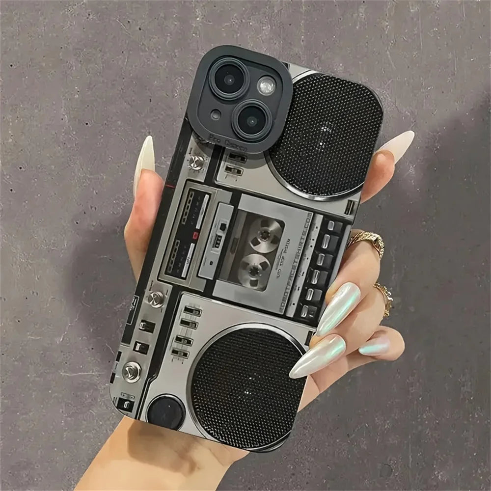 Creative Retro Millennial Loud Speaker Phone Case For iPhone 15 13 14 Pro Max Plus Music Rock N Roll Soft Cover
