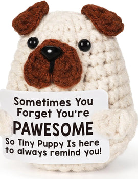 3 Pcs Funny Crochet Positive Energy Puppy With Card Desktop Ornament Handmade Knitted Emotional Support Dog doll Home Room Decoration