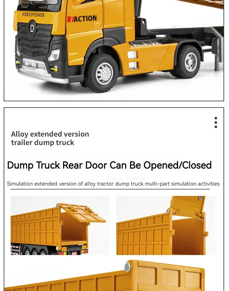 1/50 Extended Dump Truck Model Toy Metal Diecasting Doors Opened Sound Light Pull Back Vehicle Models Ornaments 's Gifts