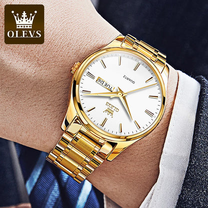 Classic Watches Gold Stainless steel Luminous Waterproof Dual Calendar Hand Clock Man Watch