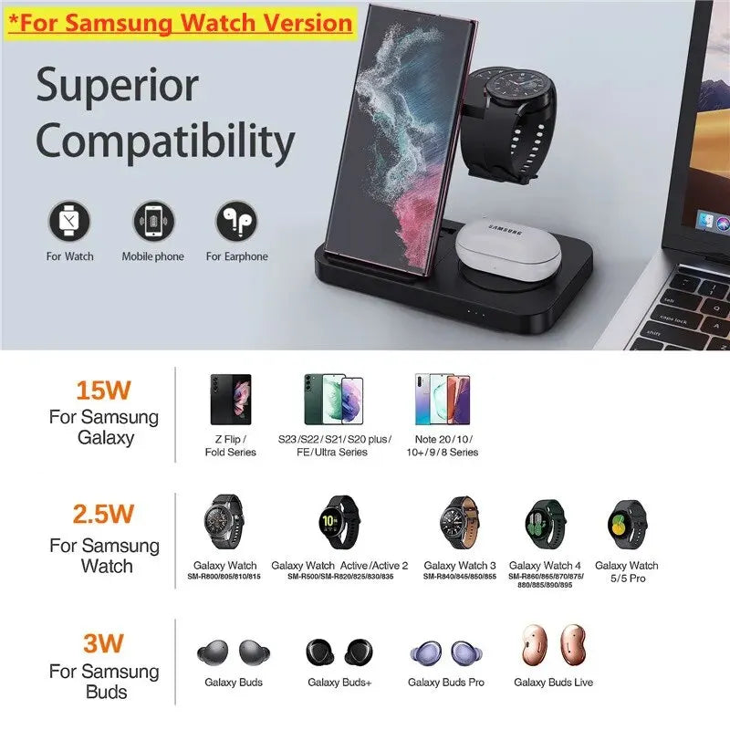 4 In 1 Wireless Charger Stand For iPhone 15 14 13 12 Samsung S23 S22 Ultra Note Galaxy Watch Foldable Fast Charging Station Dock
